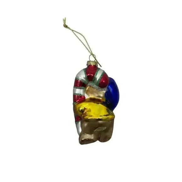 Teddy Bear Hugging Candy Cane Glitter Blown Glass Christmas Ornament - Picture 3 of 4